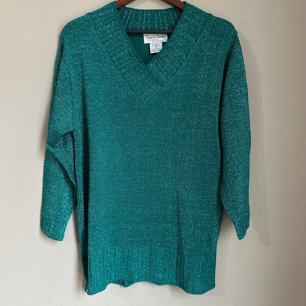 Vintage 90s Diane Von Furstenberg Long Sweater Green Sparkle Oversized Holiday